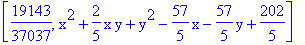 [19143/37037, x^2+2/5*x*y+y^2-57/5*x-57/5*y+202/5]